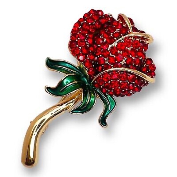 Jewelry Red Crystal Long Stem Rose Brooch Pin Gold Tone